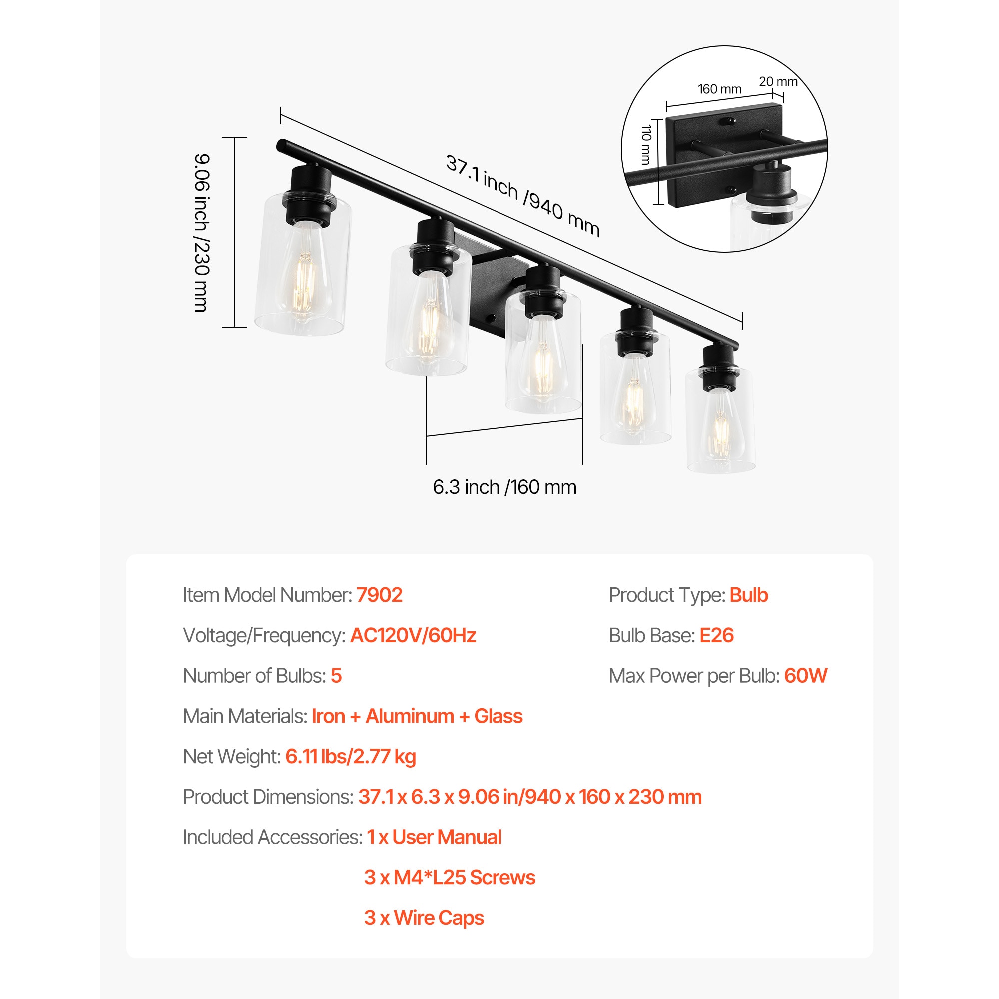 5-Light Modern Bathroom Vanity Light 37.1-Inch Wall Light Fixtures Over Mirror_voghion.com